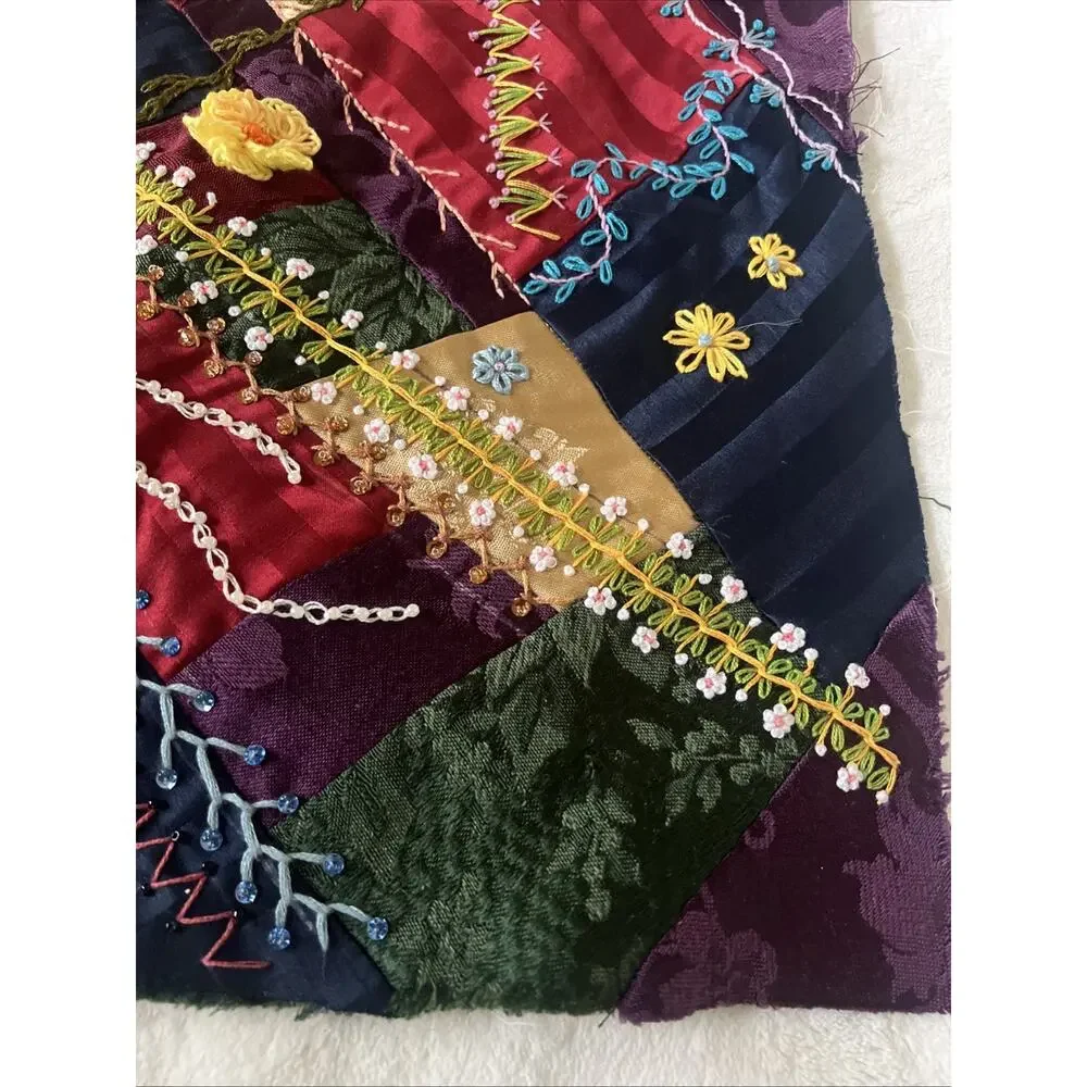 Antique Victorian Style Crazy Quilt Block 16” Silk Velvet Hand Embroidery Beaded